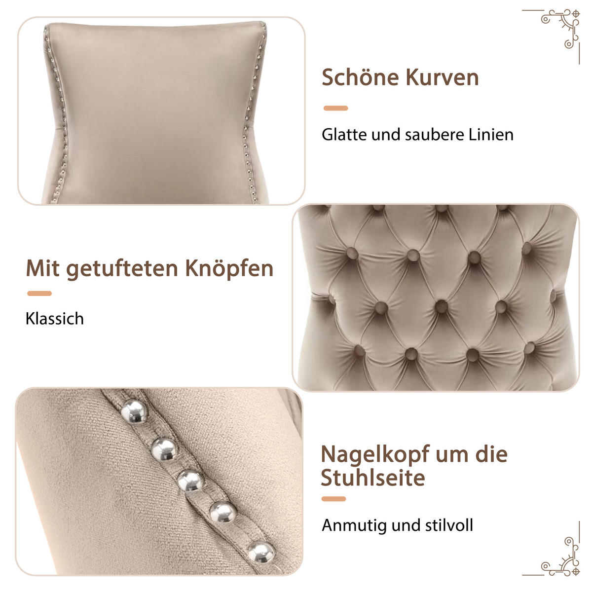 POLSTERSTUHL 6er-Set mit Knopfsteppung, Nagelkopfbesatz und Massivholzbeinen als Ess- und Wohnzimmerstuhl, beige - Beige, Textil (45/91/50cm) - Luhomfu