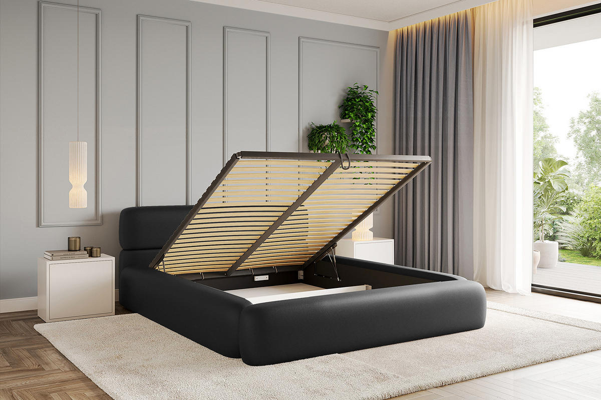 POLSTERBETT mit Bettkasten und Lattenrost, Bett mit Matratze H3/H4 - ENORA-V1 120x200 Schwarz Kunstleder - Schwarz Hochglanz, Holzwerkstoff/Textil (120/200cm) - ALTDECOR