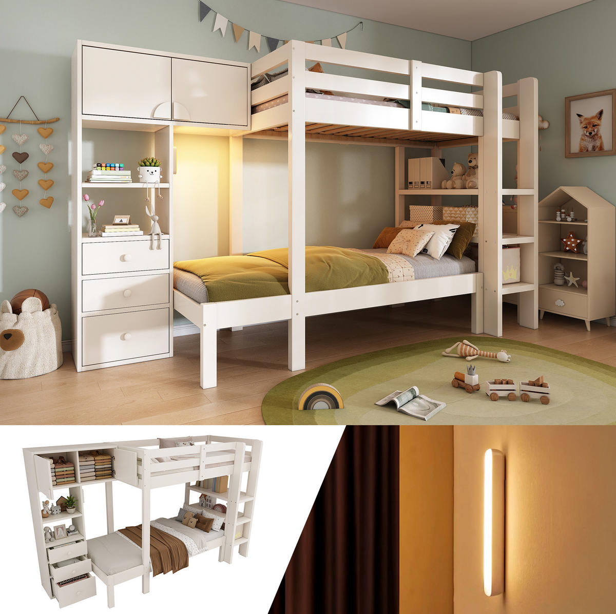 ETAGENBETT 90/200 cm in Weiß mit Stauraum, LED-Nachtlicht und Regal - Weiß, Metall (90/200cm) - OKMYHOME