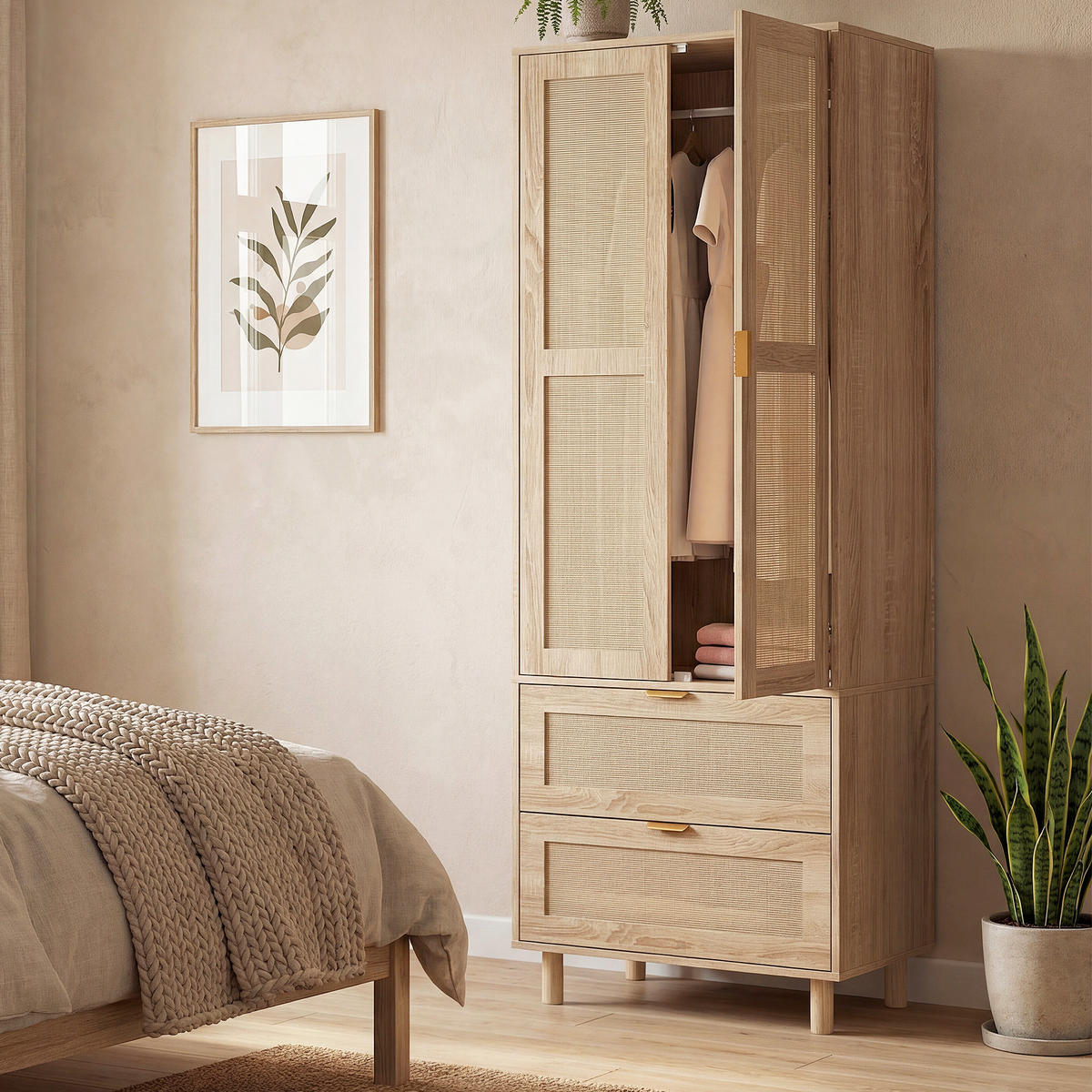 KLEIDERSCHRANK DE-17216 2 Rotting-Türen & 2 Schubladen Natur - Naturfarben, Holzwerkstoff (47/185/63cm) - ComfortXL