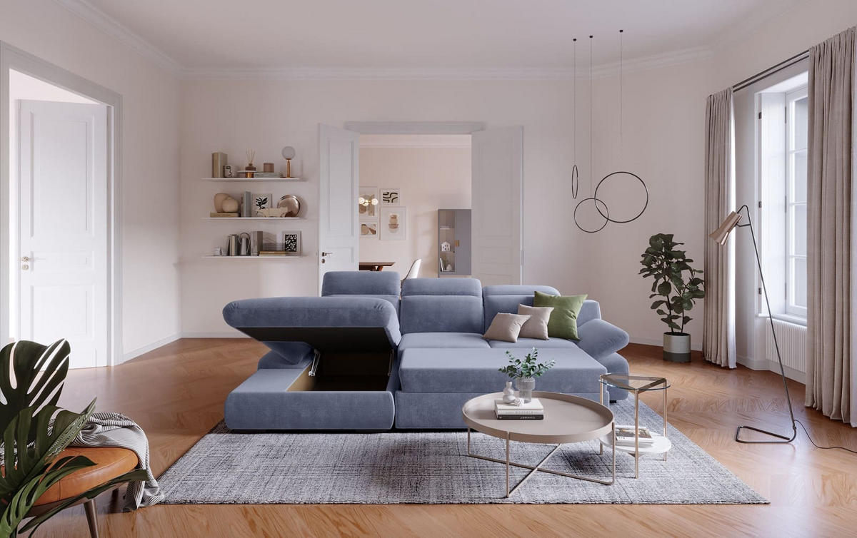 ECKSOFA mit Schlaffunktion und Bettkasten - Blau, Kunststoff/Textil (276/168cm) - Cotta