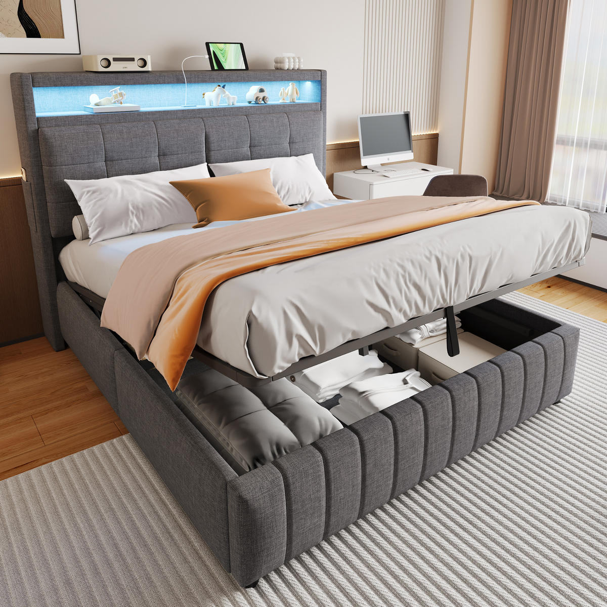 ČALÚNENÁ posteľ 160/200 cm sivá, látka s LED osvetlením, USB a hydraulickým úložným priestorom - sivá, textil (160/200cm) - BEAOK