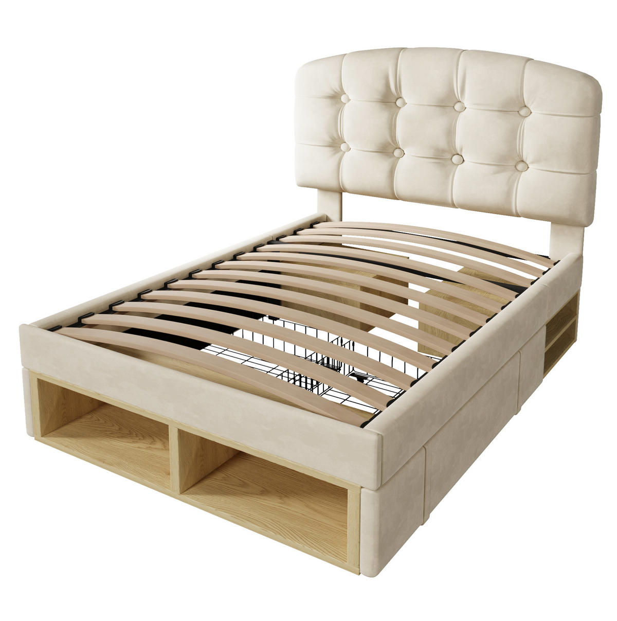 BETT mit Stauraum und Schubladen 90x200 cm Samt Beige - Beige, Metall (90/200cm) - Meubliv