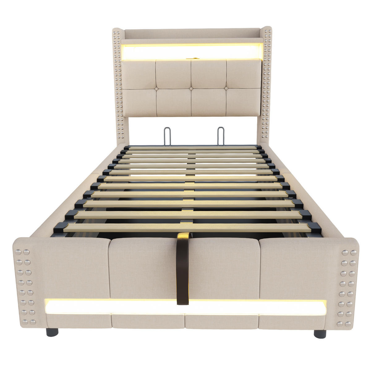 ČALÚNENÁ posteľ 90/200 cm s LED osvetlením, USB portom a úložným priestorom, Béžová - béžová, textil (90/200cm) - Redom