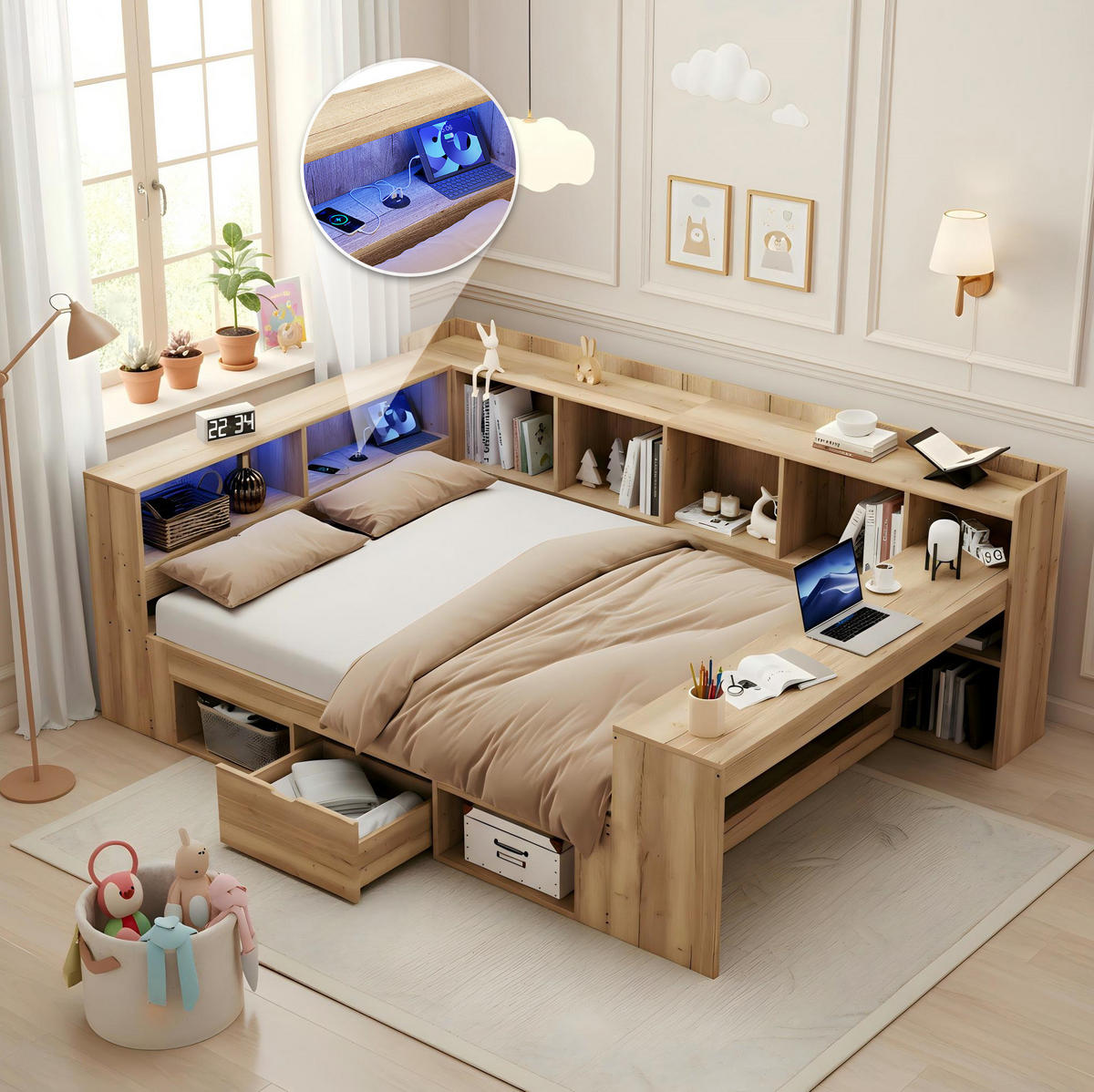 KINDERBETT Liegefläche 140/200 cm aus MDF mit LED, USB-Anschluss und Schreibtisch - Naturfarben, Holzwerkstoff (140/200cm) - BEAOK