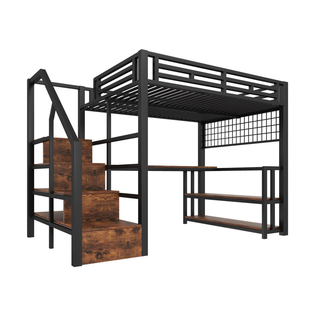 HOCHBETT 140/200 cm in Schwarz – mit Schreibtisch, Stauraumtreppe und LED - Schwarz, Metall (140/200cm) - BEAOK