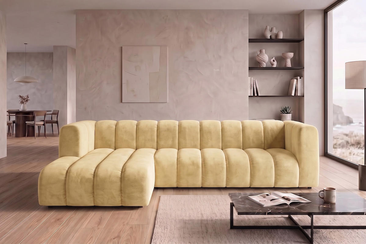 ECKSOFA Modulares In L-Form, Velvet-Stoff Riviera, Buttergelb, Links, GRAND 318 cm - Hellgelb, Holz (318/179cm) - Kaiser Möbel