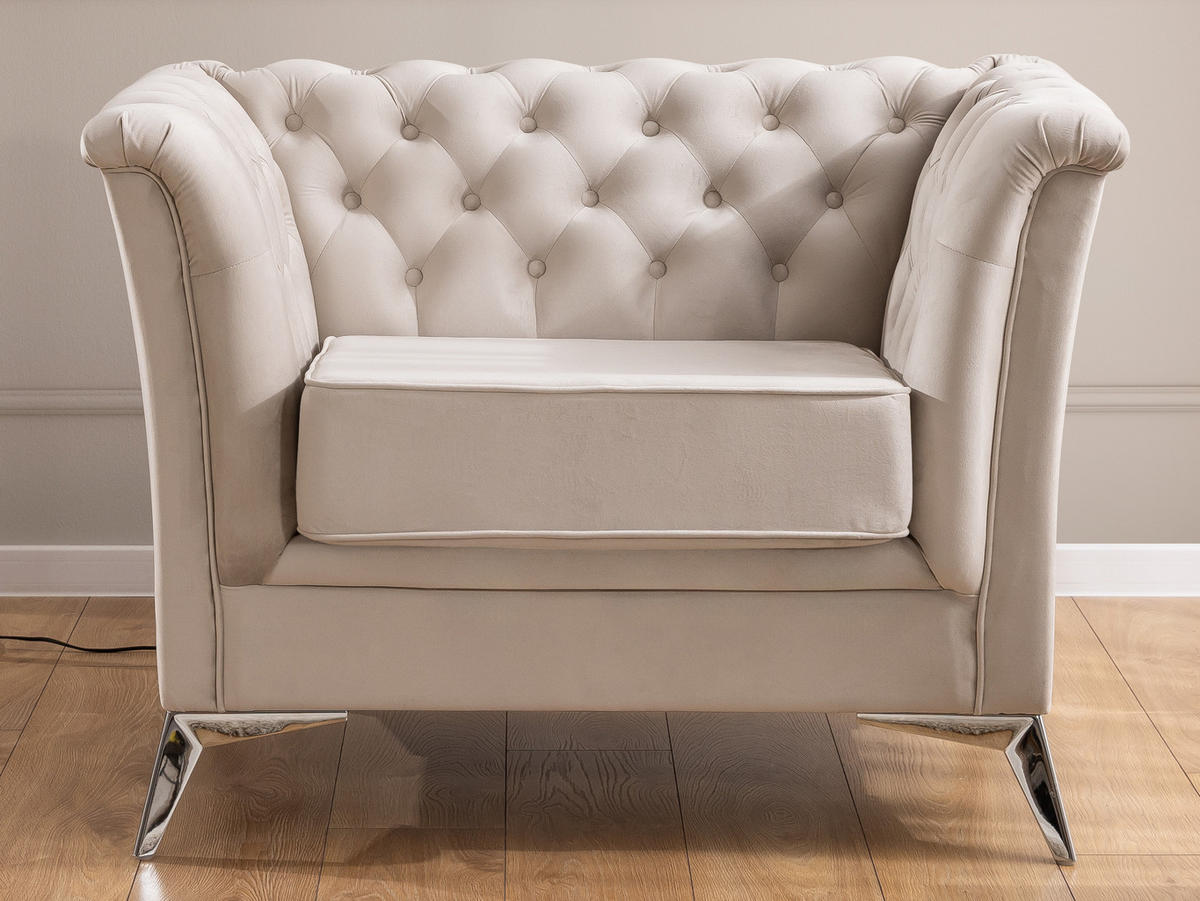 CHESTERFIELD-SESSEL Whitby Beige Samt mit silbernen Füßen - Beige/Silberfarben, Holz/Textil (116/78/82cm) - S-Style Möbel