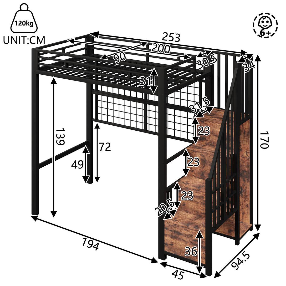 HOCHBETT 90x200 cm LED Schrank schwarz - Schwarz, Metall (90/200cm) - LEBENLANG