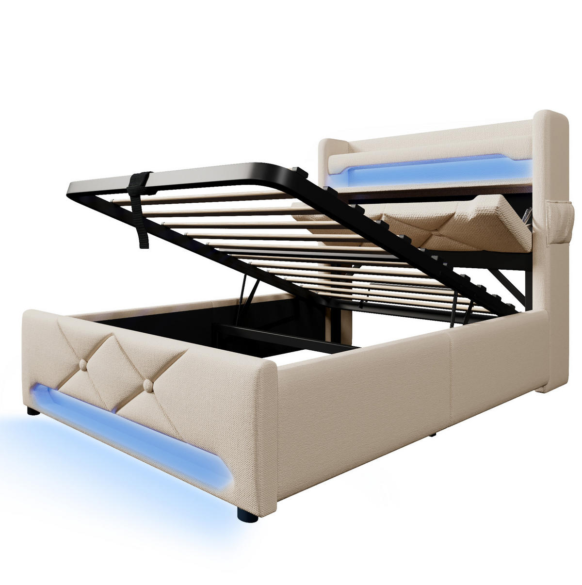 POLSTERBETT 90/200 cm Beige mit Stauraum, LED-Beleuchtung und USB-Anschlüssen - Beige, Textil (90/200cm) - Flora Grace