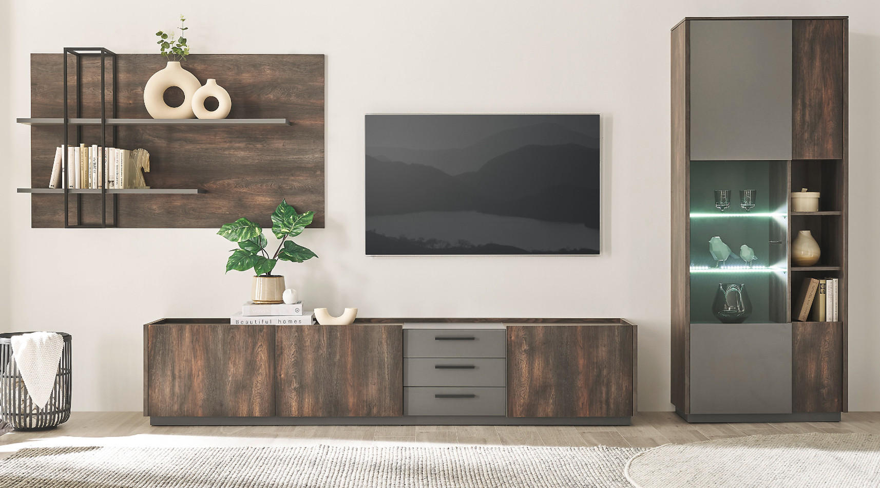 WOHNWAND Thermo Eiche, grau, Set 3-teilig mit XXL TV-Lowboard und Soft-Close - Eichefarben/Grau, Holzwerkstoff/Metall (390/200/45cm) - Furn.Design