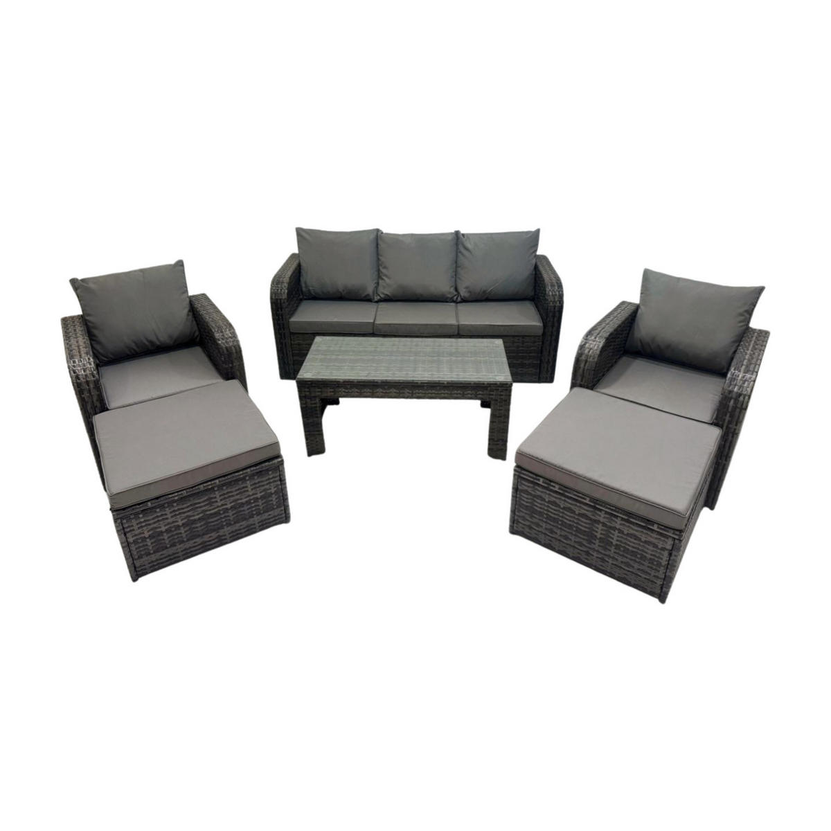 GARTENMÖBEL SET mit Sofa Polyrattan 7-Sitzer Dunkelgrau - Dunkelgrau/Grau, Glas/Kunststoff - Fimous