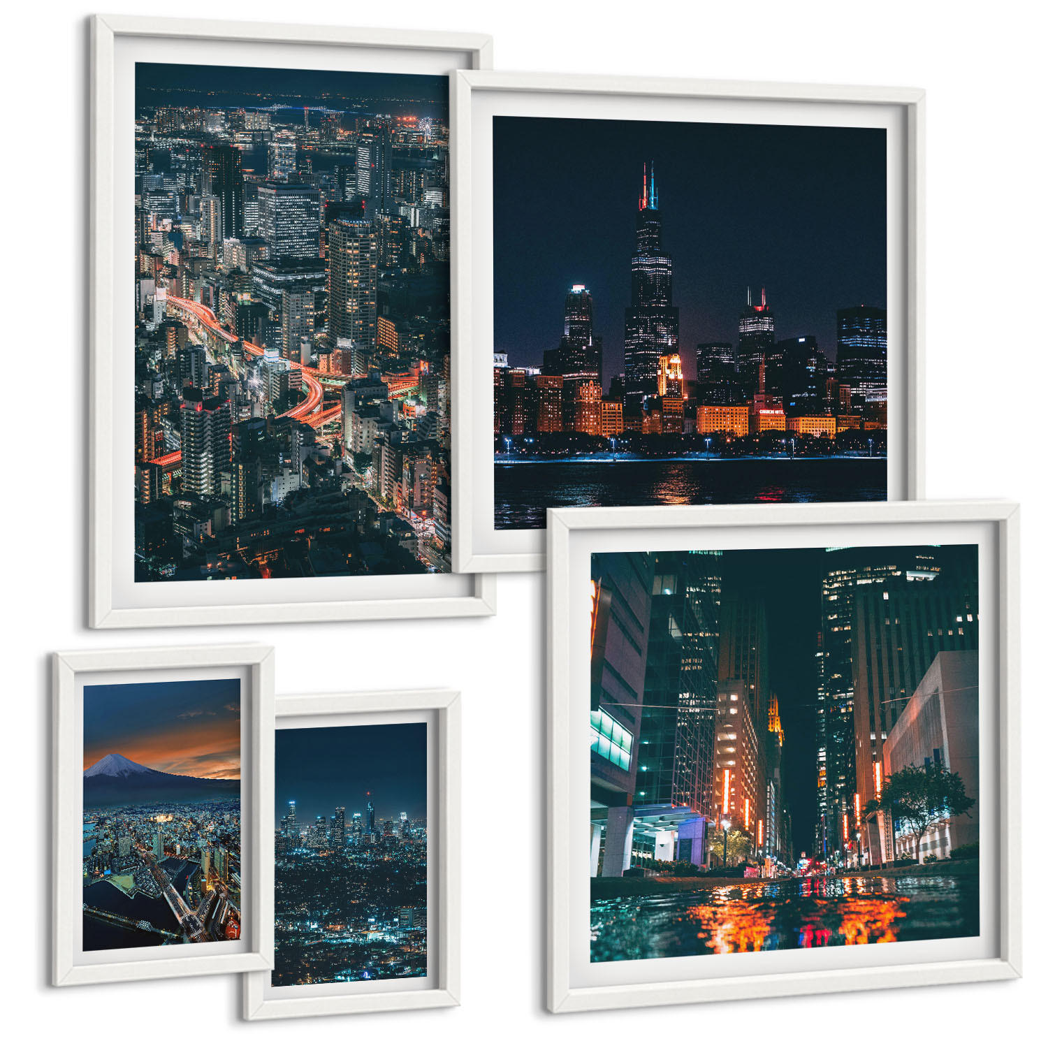 BILDER SET 5er Set - 50x50 cm & 20x30 cm & 40x60 cm Weißer Rahmen - Bergpanorama der Stadt bei Nacht - Weiß, Kunststoff (40/60cm) - TULUP
