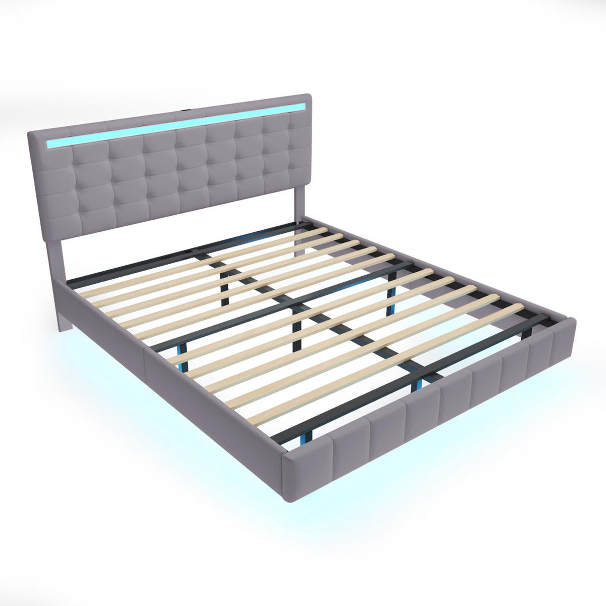 POLSTERBETT 160x200 cm mit LED und USB, Doppelbett mit Lattenrost und Kopfteil höhenverstellbares, Leinenbezug, Grau - Grau, Holz/Textil (160/200cm) - GENKI LIVING
