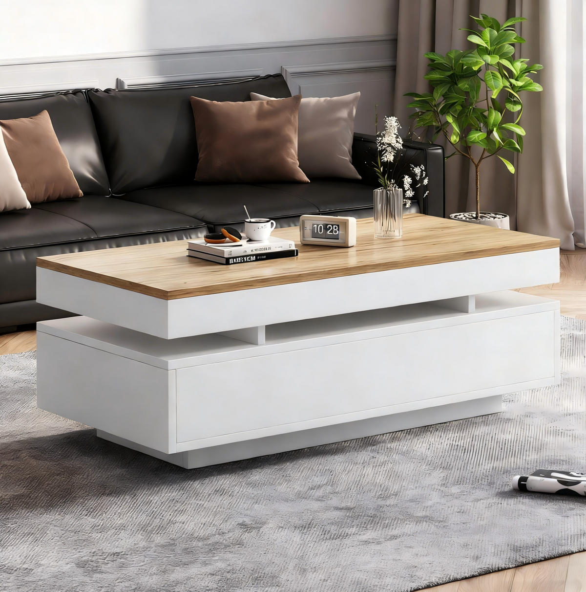 KONFERENČNÍ STŮL bílý a přírodní se 2 zásuvkami, LED, vysoký lesk, do obývacího pokoje, 100 × 50 × 35 cm - bílá/přírodní, kov/kompozitní dřevo (50/100/35cm) - STILVORA