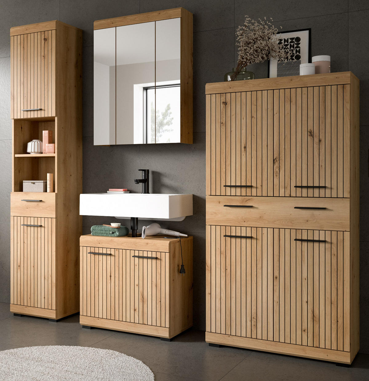 BADMÖBEL-SET Eiche Artisan 4-teilig 200 x 191 cm, Badkombination in modernem Design - Schwarz/Eiche Artisan, Glas/Holzwerkstoff (201/191/34cm) - Inn.Furn