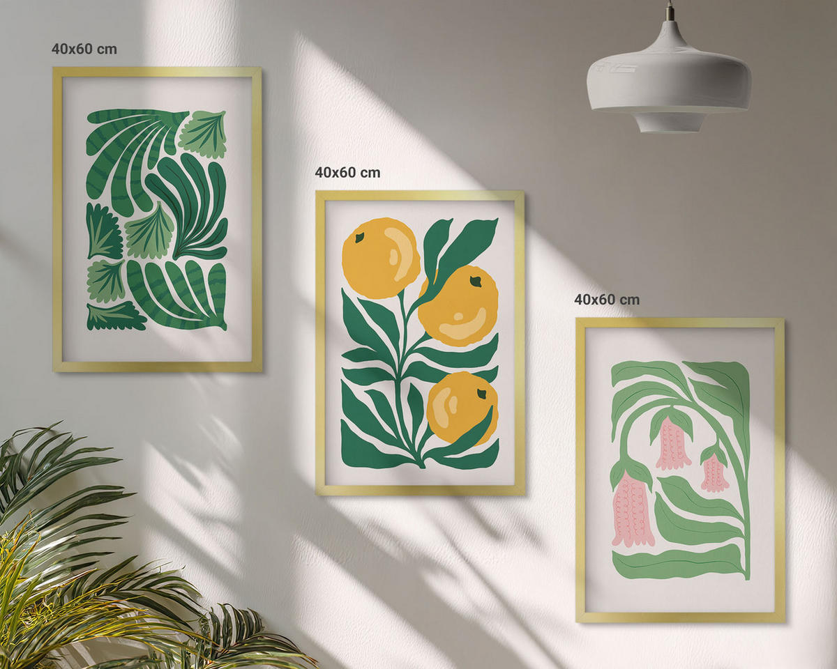BILDER SET 3er Set - 40x60 cm Goldrahmen - Minimalistische Pflanzenmuster - Goldfarben, Kunststoff (40/60cm) - TULUP