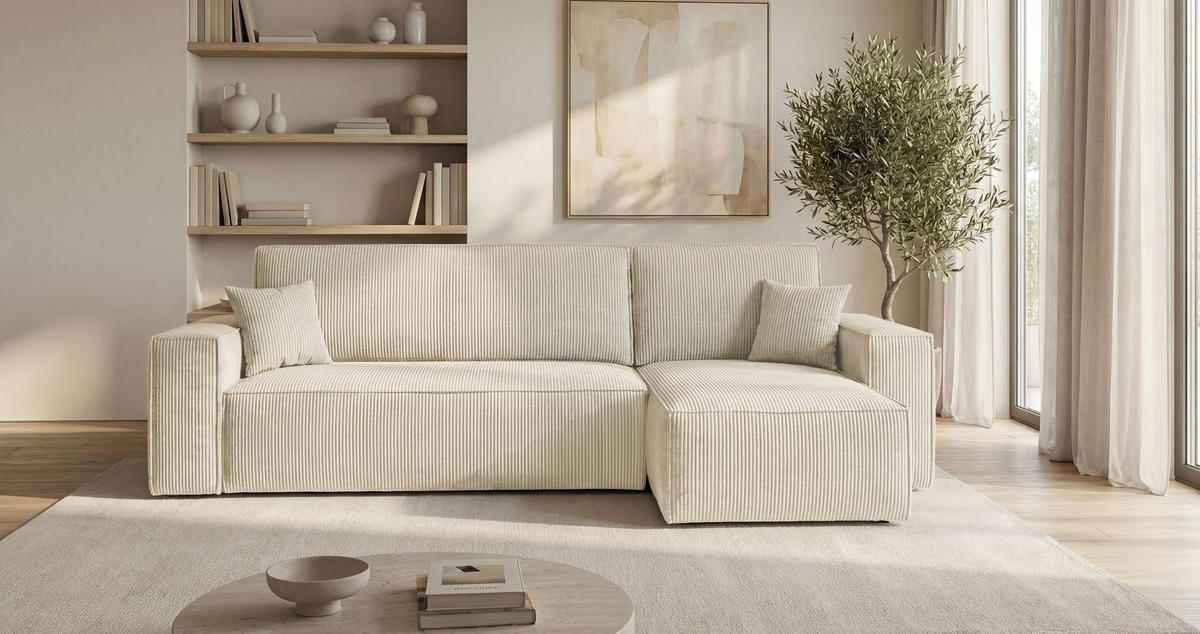 ROHOVÁ pohovka CALIFORNIA MINI pravá bílá manšestr Poso 100 - funkce spaní, úložný prostor - bílá, textil (245/139cm) - Cornero