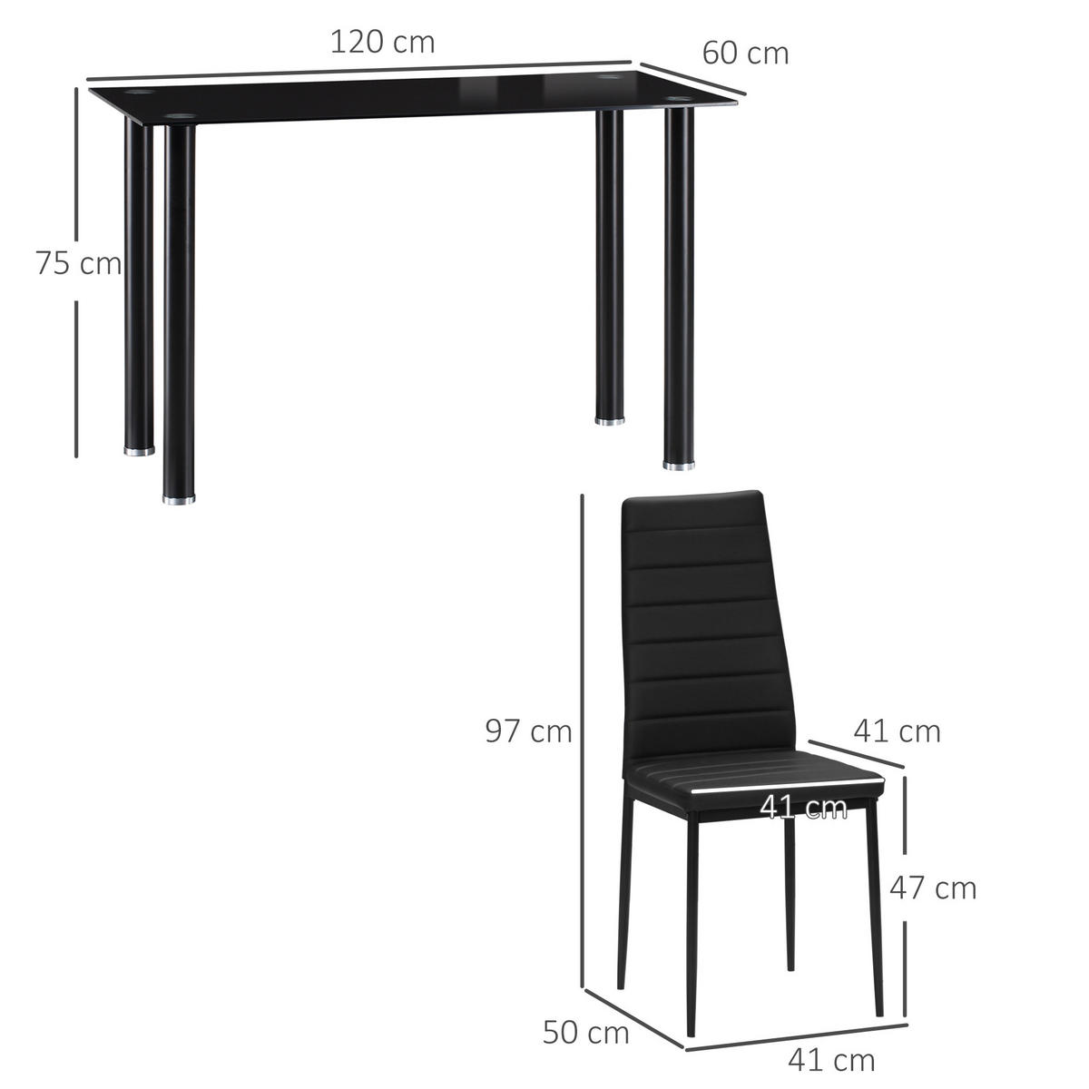 5-TLG. Essgruppe, Esstisch mit 4 Stühlen, Küchentisch mit Hartglasplatte Schwarz - Schwarz, Kunststoff (60/97/120cm) - HOMCOM