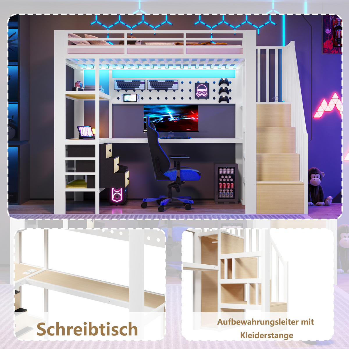 HOCHBETT 90/200 cm in Weiß mit 3 Schubladen, Lochwand, Tisch, Steckdose und LED - Weiß, Holzwerkstoff/Metall (90/200cm) - STILVORA