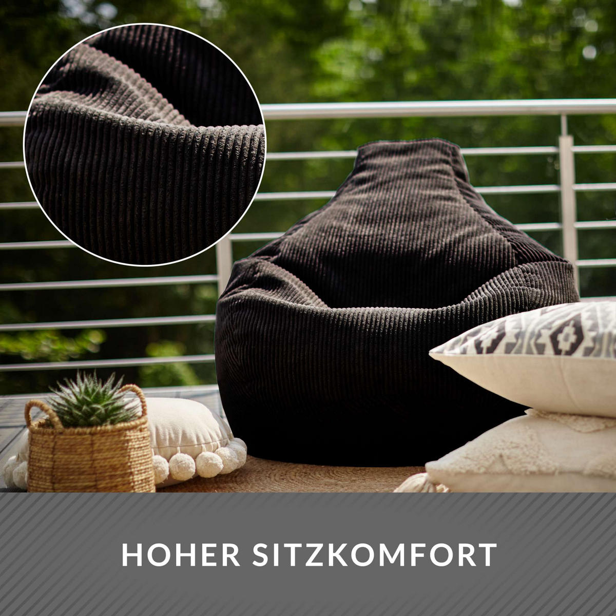 SITZSACK MIT RÜCKENLEHNE Cozy Cord - Schwarz, Textil (80/90/90cm) - Green Bean