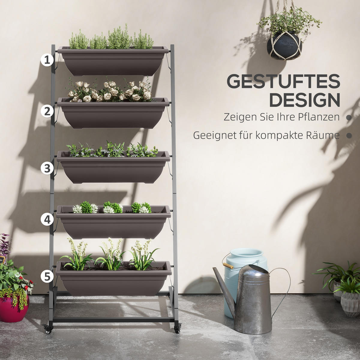 BLUMENTREPPE mit Rollen Braun 65/67/145 cm - Braun, Metall (67/145/65cm) - Outsunny