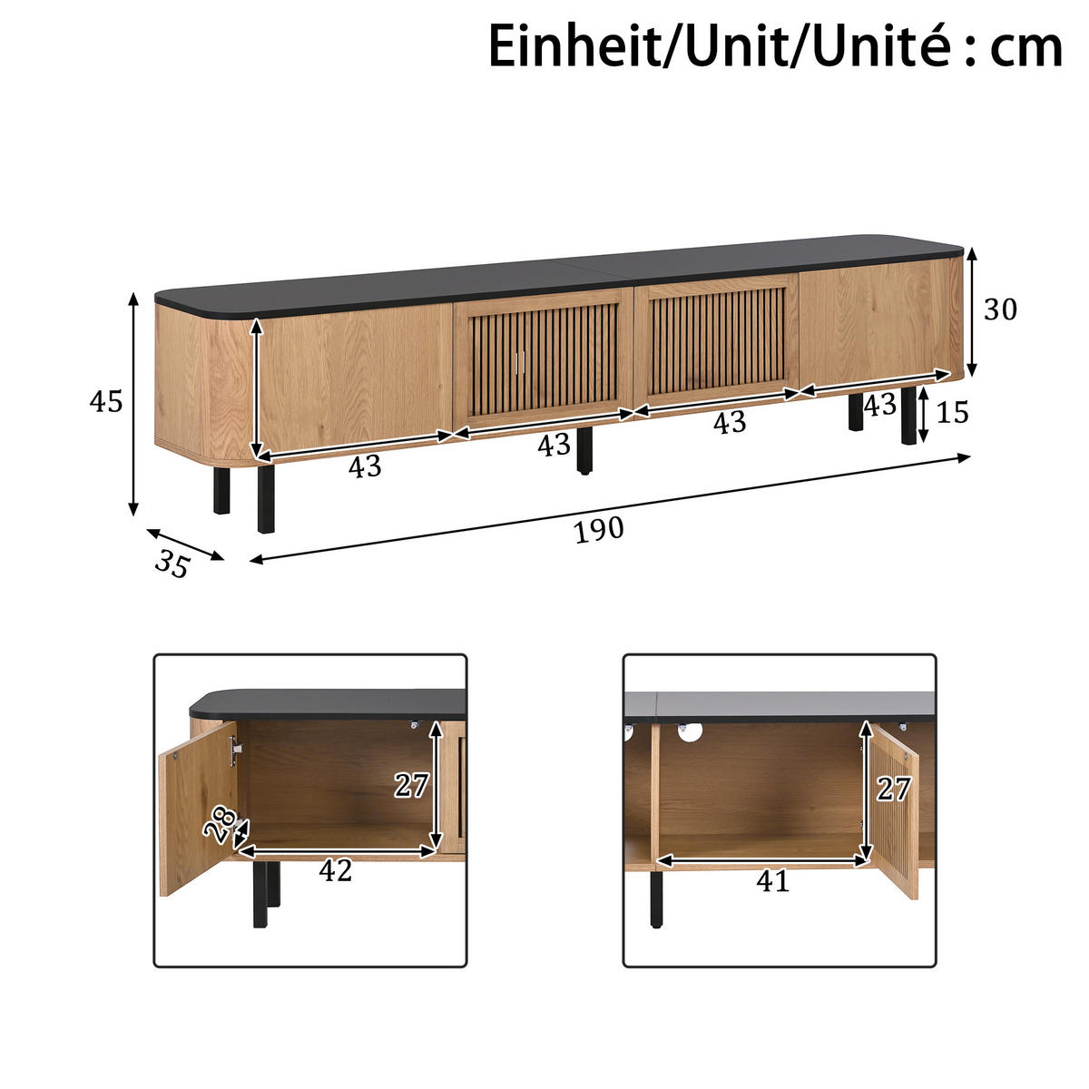 TV-SCHRANK 190cm modern TV-Ständer niedrig Design - Eichefarben, Holzwerkstoff (35/45/190cm) - FLIEKS