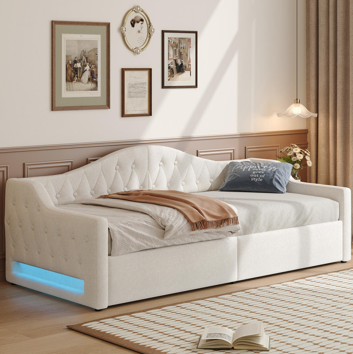 TAGESBETT 90/200 cm mit LED-Beleuchtung, Stauraum und Leinenpolsterung, Beige - Beige, Holzwerkstoff (90/200cm) - Redom