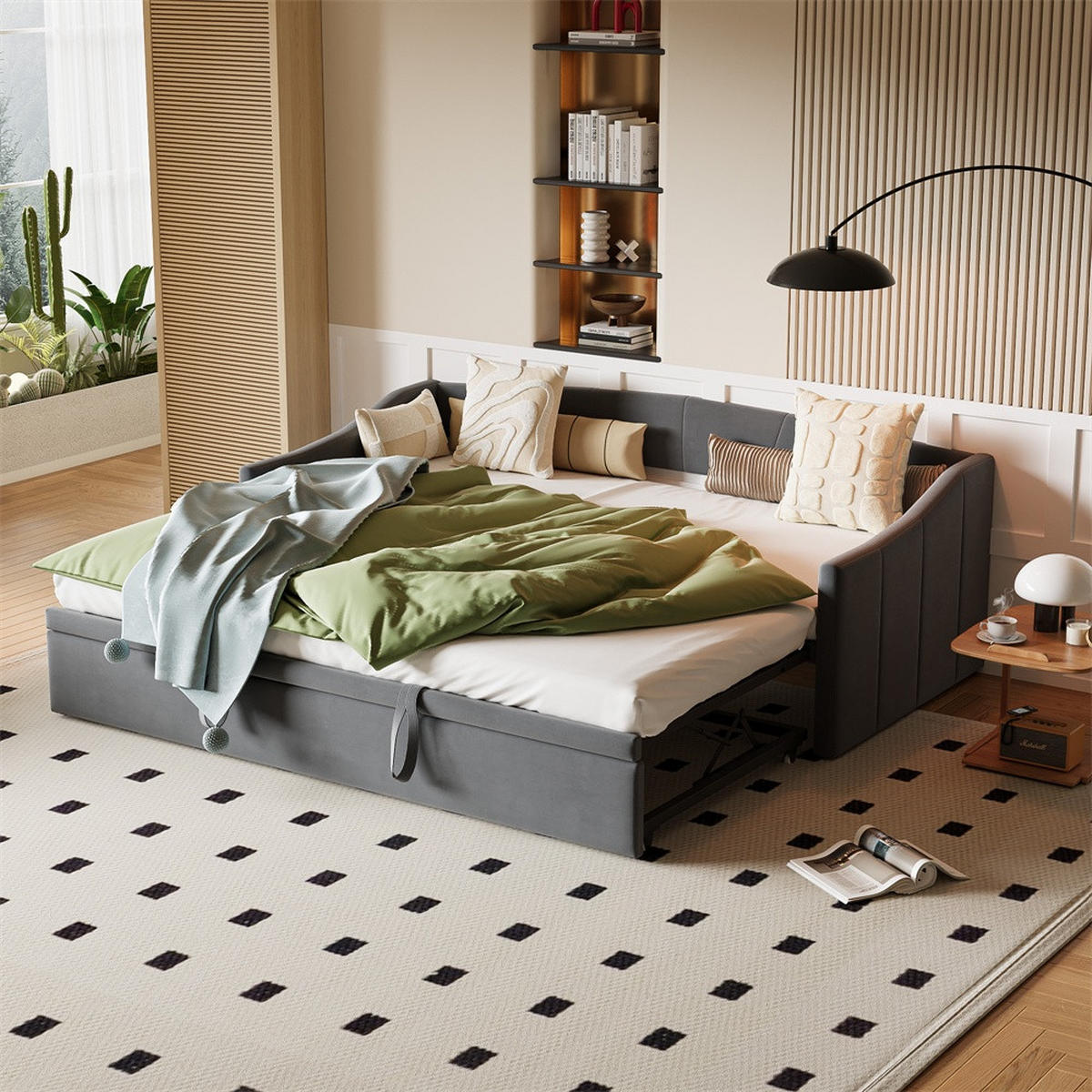 POLSTERBETT 90x200 cm mit Ausziehbett und Lattenrost - für Jugendzimmer & Gästezimmer- ohne Matratze - Grau - Grau, Textil (90/200cm) - DELFA