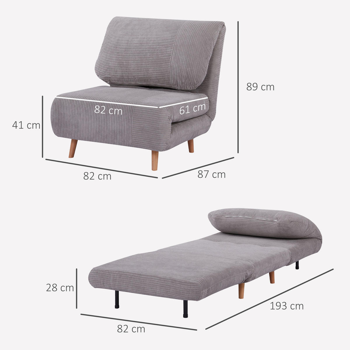 2-IN-1 Schlafsofa Schlafsessel Klappmatratze Gästebett Klappbett Hellgrau - Hellgrau/Naturfarben, Holz/Textil (87/89/82cm) - HOMCOM