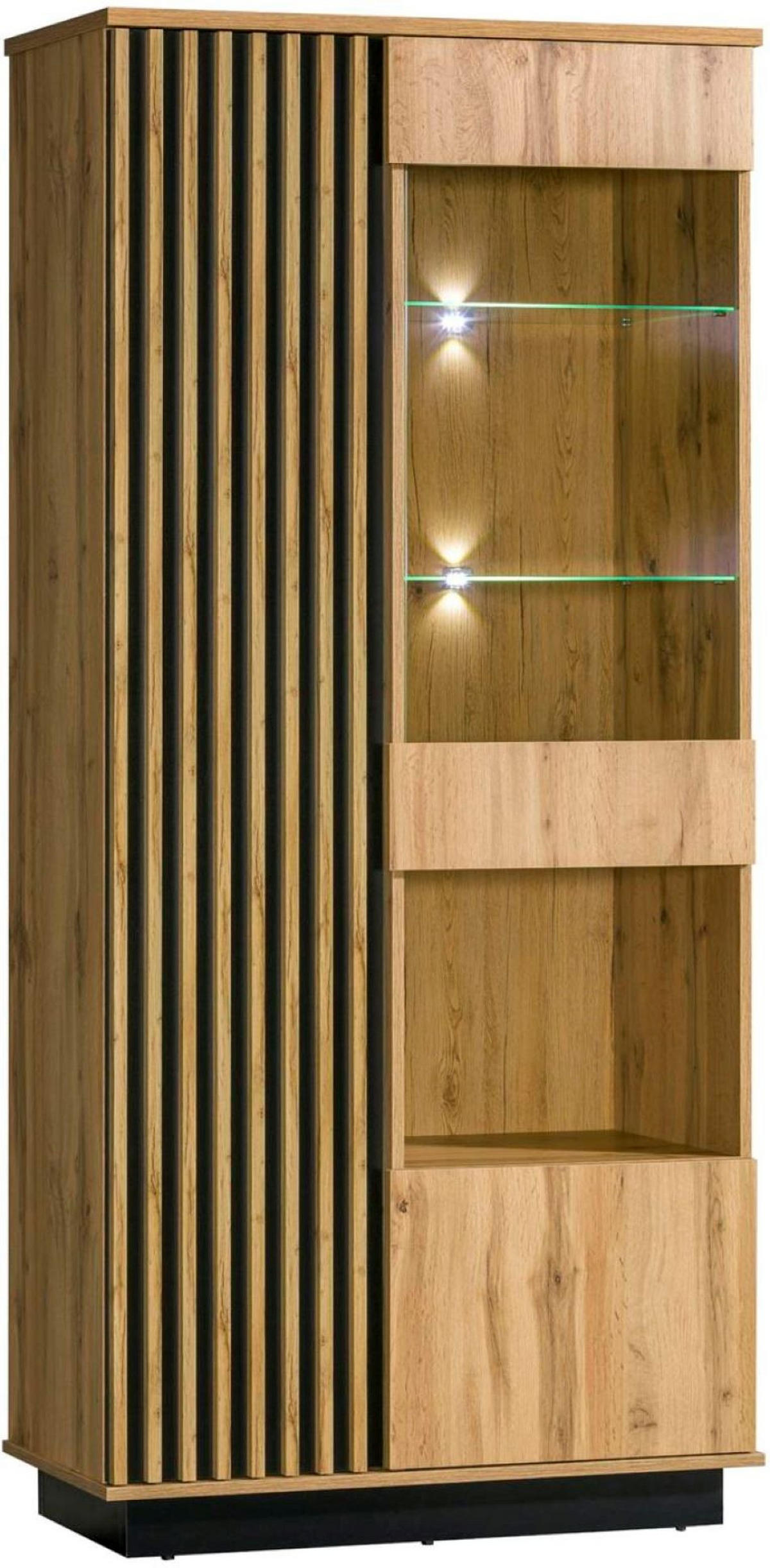 VITRINE Lamelo Wotan eiche, breite Vitrine mit LED - Schwarz/Braun, Holzwerkstoff (90/193/40cm) - Bettso