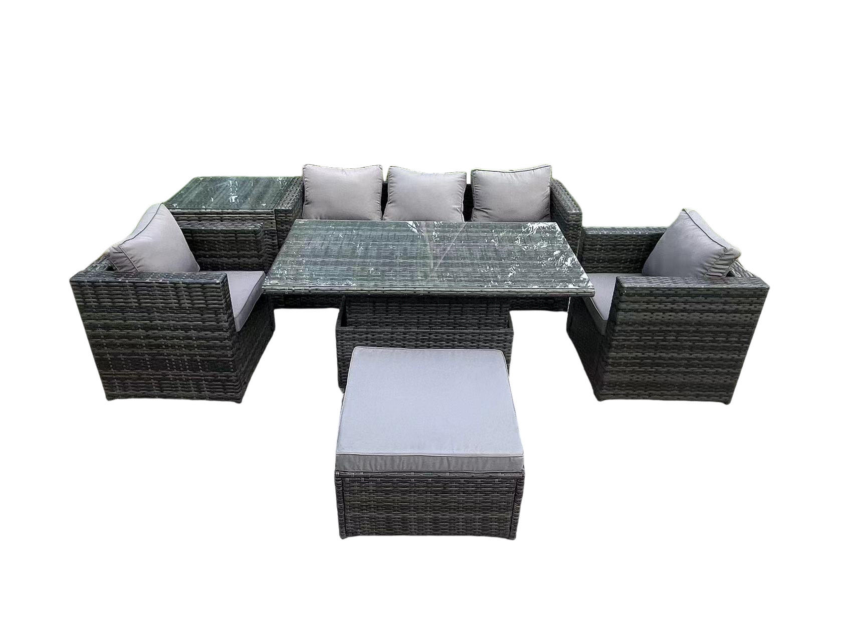 GARTENSOFA Hohe Rückenlehne Polyrattan 6-Sitzer - Dunkelgrau/Grau, Glas/Kunststoff - Fimous