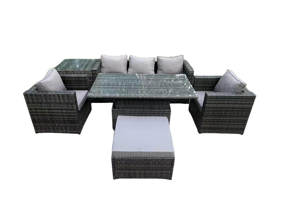 GARTENSOFA Hohe Rückenlehne Polyrattan 6-Sitzer - Dunkelgrau/Grau, Glas/Kunststoff - Fimous
