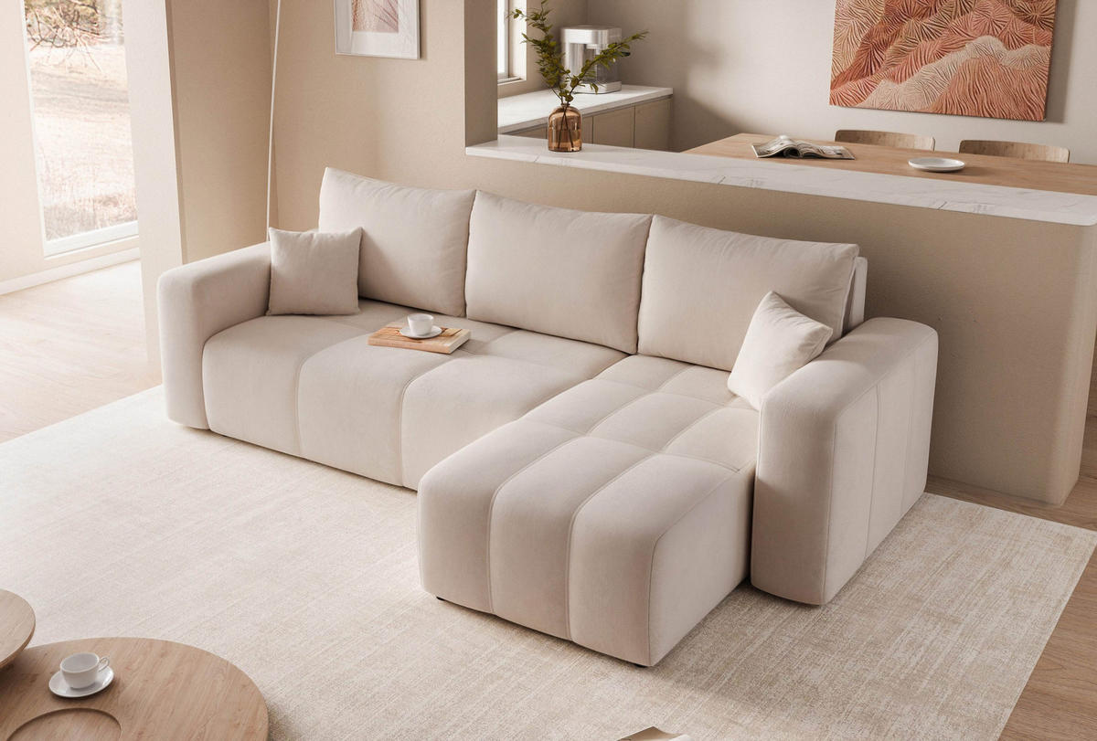 ECKSOFA Beige Velours mit Bettkasten und Schlaffunktion - Beige, Textil (248/145cm) - Idohome