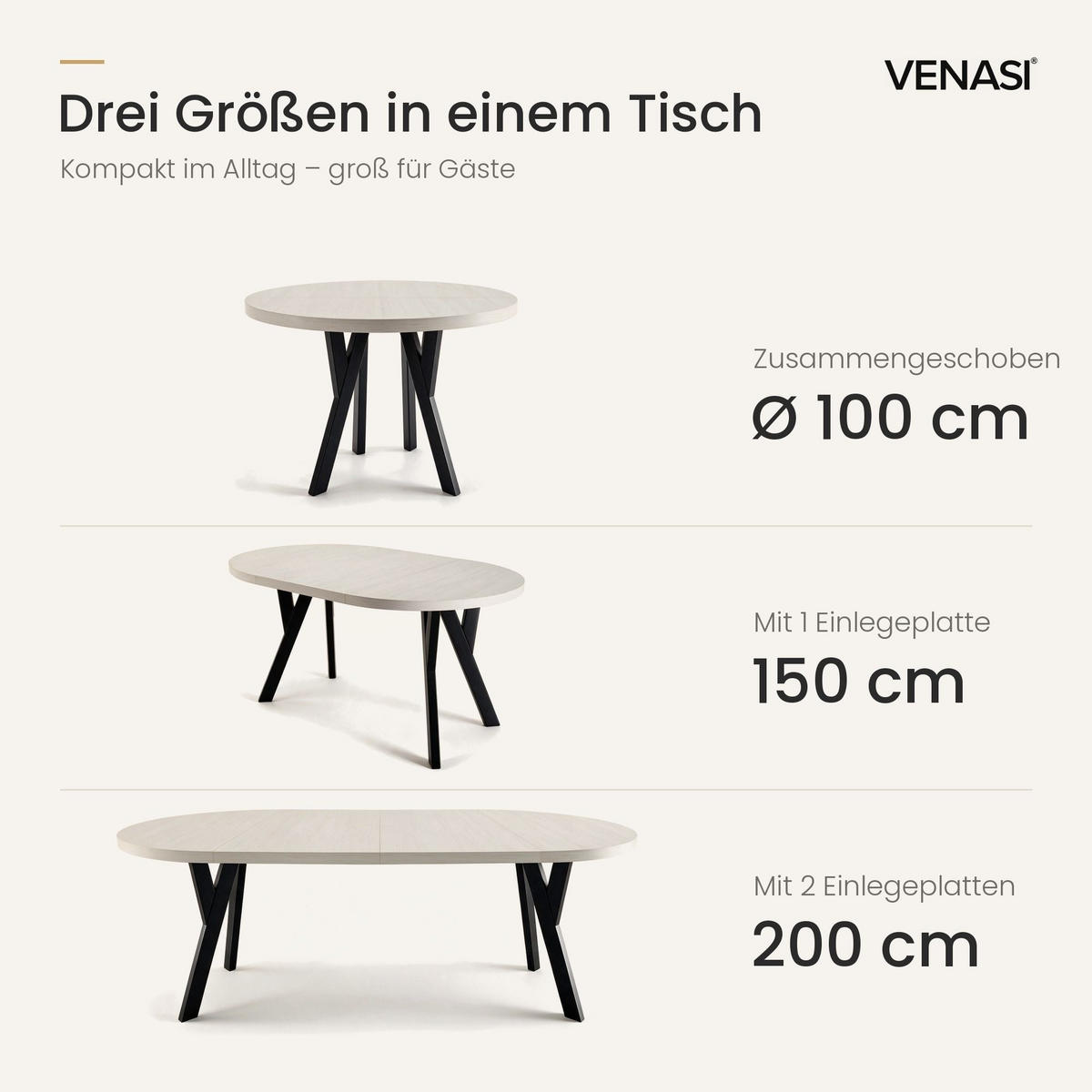 ESSTISCH ausziehbar rund 100-200 cm ATO Sosna, Auszugstisch mit Einlegeplatte - Schwarz/Kieferfarben, Holzwerkstoff (100/100/77cm) - VENASI MÖBEL