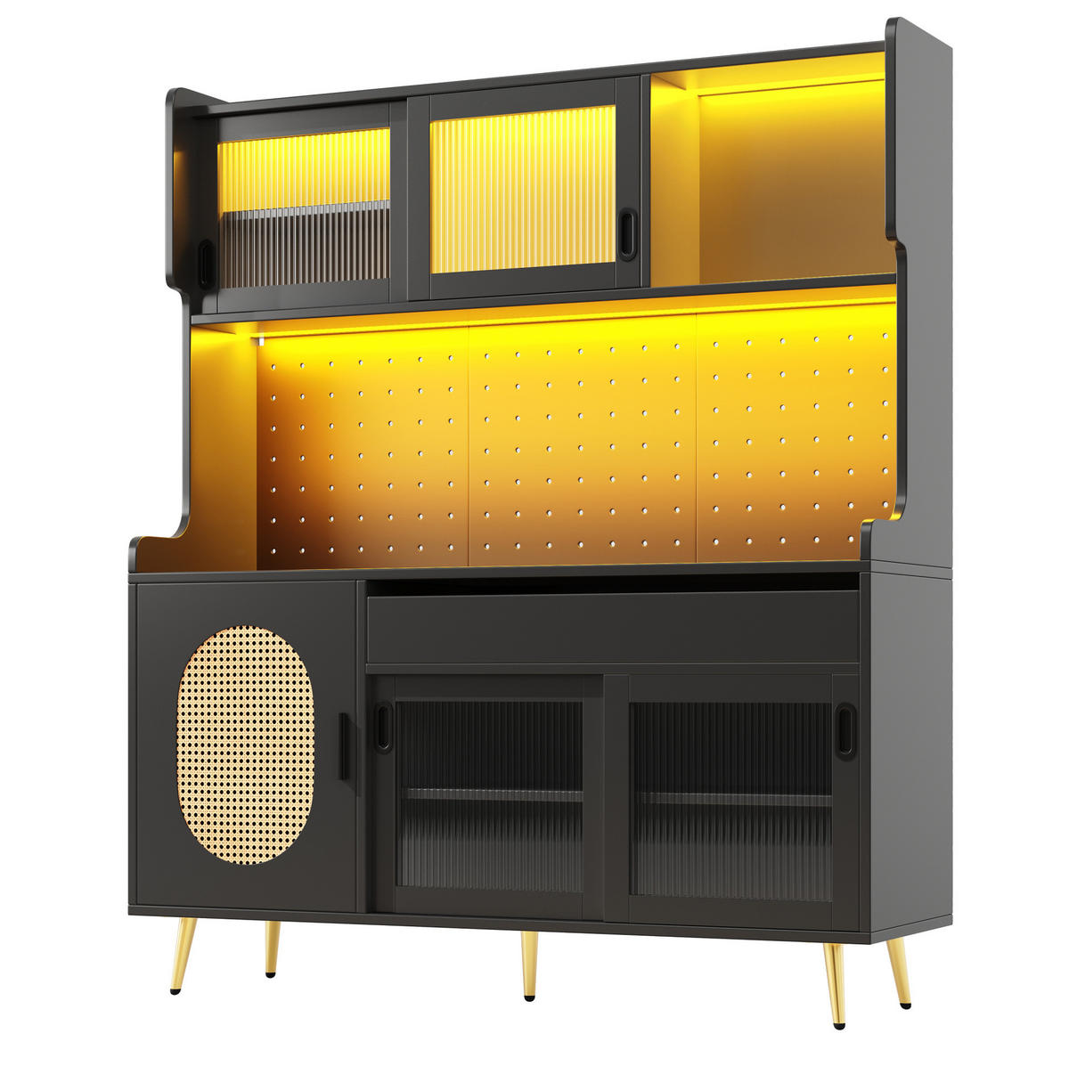 BUFFETSCHRANK 145/39/171 cm schwarz aus MDF mit LED-Lichtleiste - Schwarz, Holzwerkstoff (145/171/39cm) - OKWISH