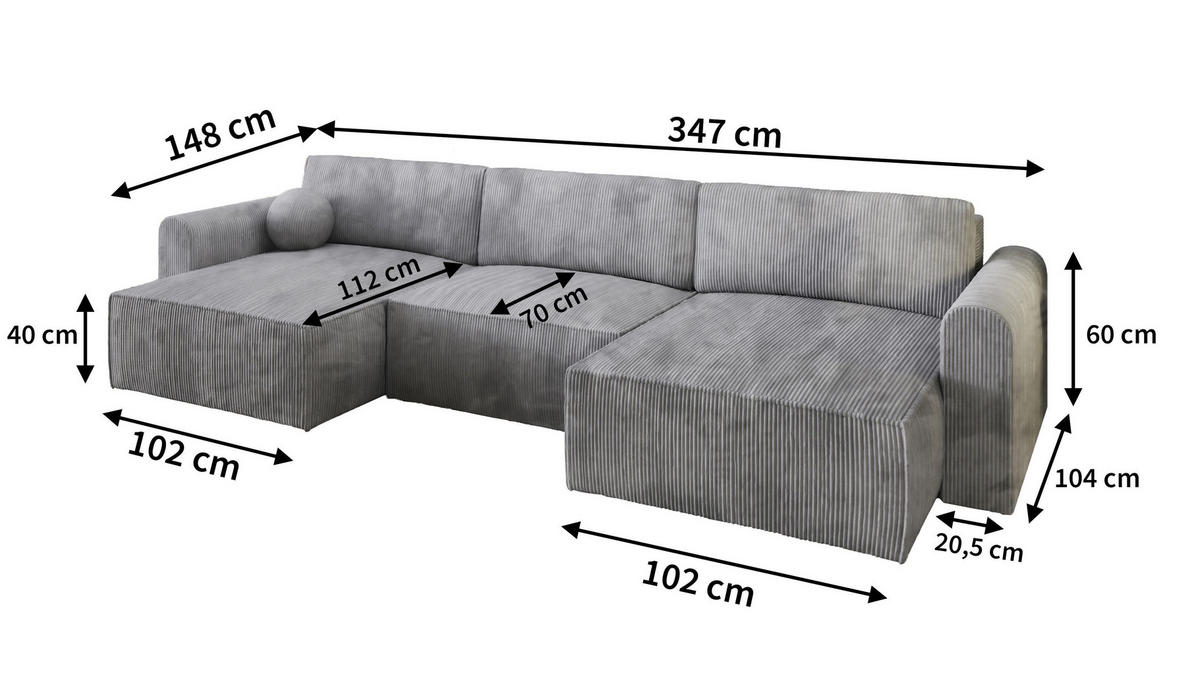 WOHNLANDSCHAFT FENTO P Hellgrau Kordstoff mit Schlaffunktion - Hellgrau, Holz (347/90/148cm) - MASSENO