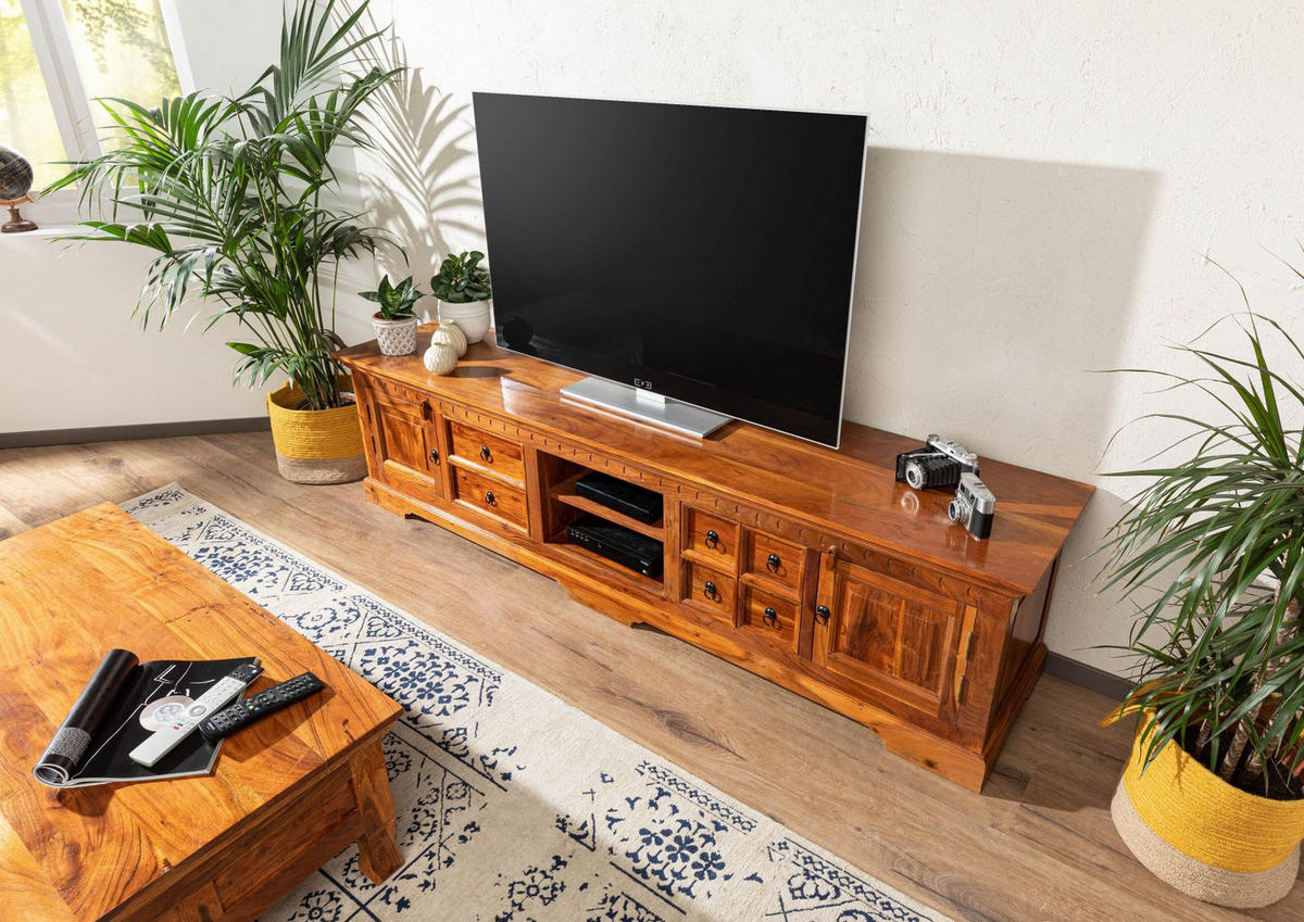 TV-BOARD Akazie 220x50x55 honig lackiert OXFORD #0341 - Braun, Holz (220/55/50cm) - Massivmoebel24
