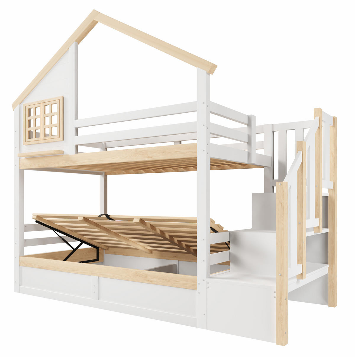 ETAGENBETT 90/200 cm mit hydraulischem Stauraum, Hausdesign und Bettgitter, Weiß/Natur - Weiß, Holz (90/200cm) - Redom