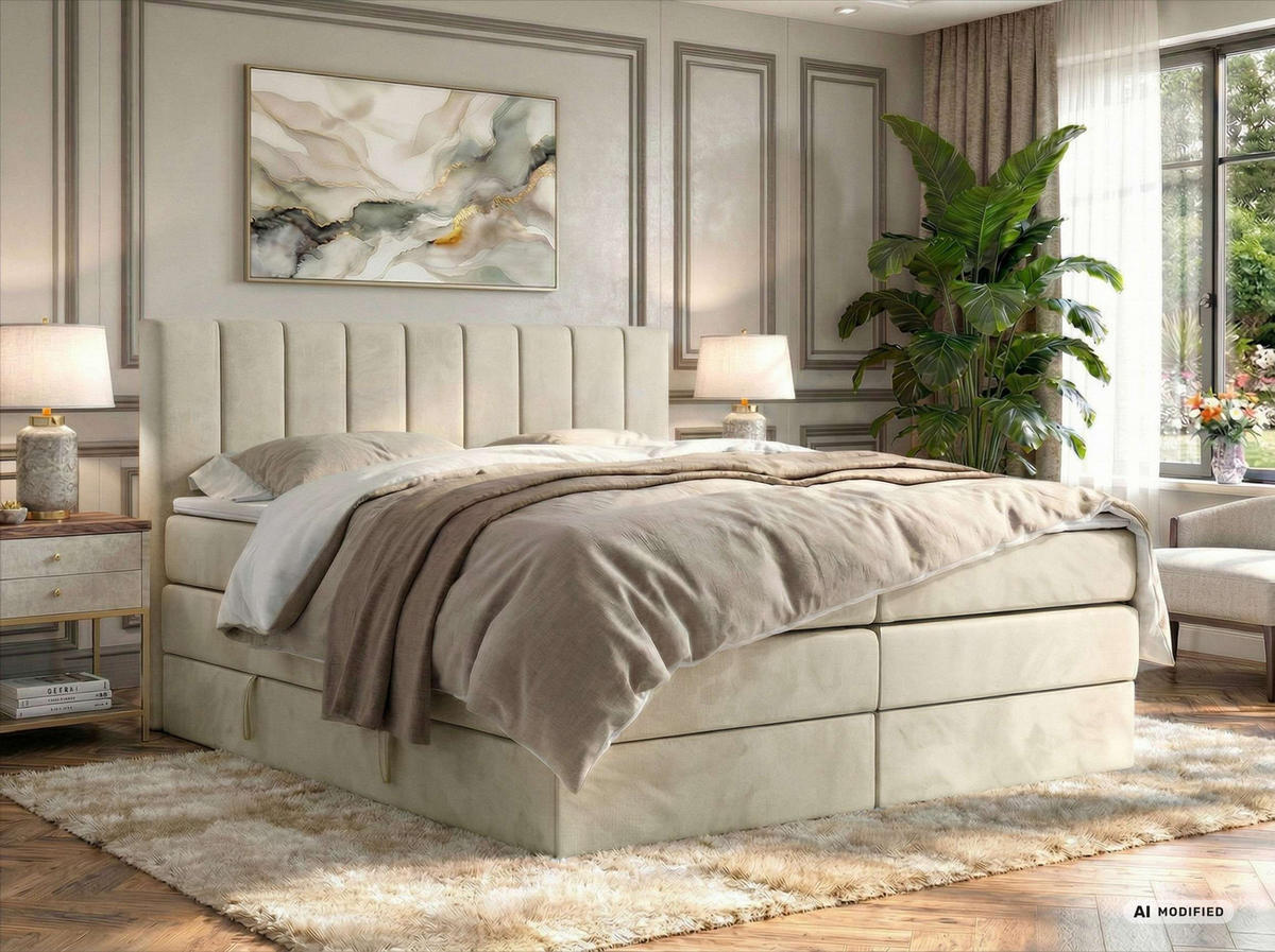 BOXSPRINGBETT ALVER KING 200/200 - Beige Velvet - Topper T25 - H3 - Beige, Textil (200/200cm) - MKS