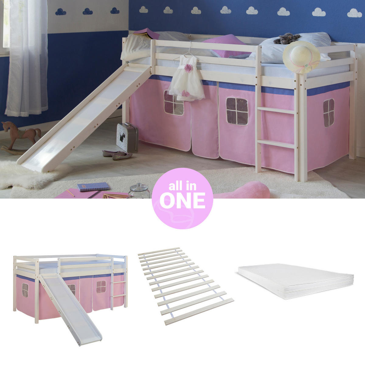 HOCHBETT 90/200 cm in weiß mit Lattenrost + Matratze - Weiß/Rosa, Holz - Homestyle4u