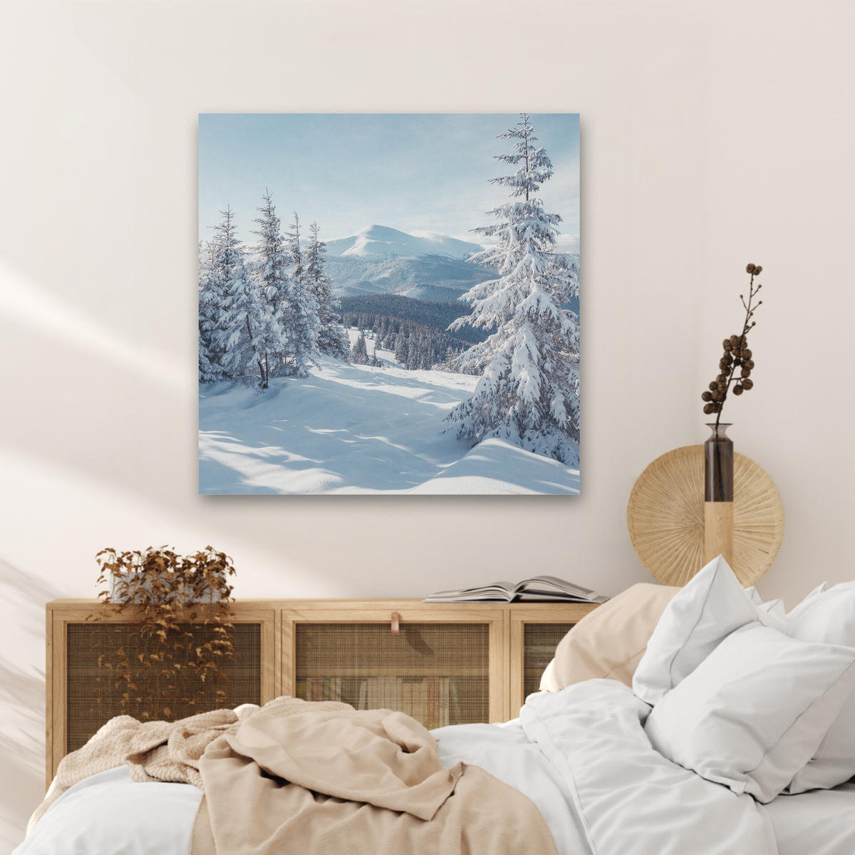 AKUSTIKBILD Winterlandschaft - Natur - Berge - Bäume - Schnee Akustikpaneele 80x80 cm - Hellblau, Kunststoff (80/80/0.9cm) - MuchoWow