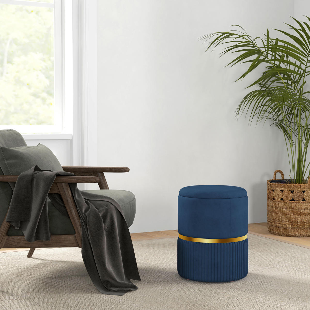 POUF DE-16385 mit Stauraum und Rippenvelours Blau - Blau, Textil (36/44/36cm) - ComfortXL