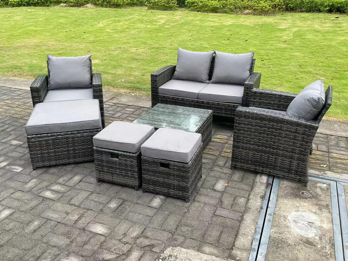 GARTENMÖBELSET mit 3 Hockern Polyrattan Dunkelgrau 7-Sitzer - Dunkelgrau, Metall - Fimous
