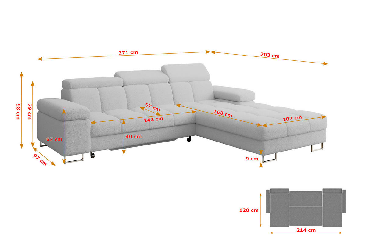 ECKSOFA mit Schlaffunktion Ottomane Rechts COMA L 271x203x79 Hellgrau Bouclé - Edelstahlfarben, Holzwerkstoff/Textil (203/271cm) - ALTDECOR