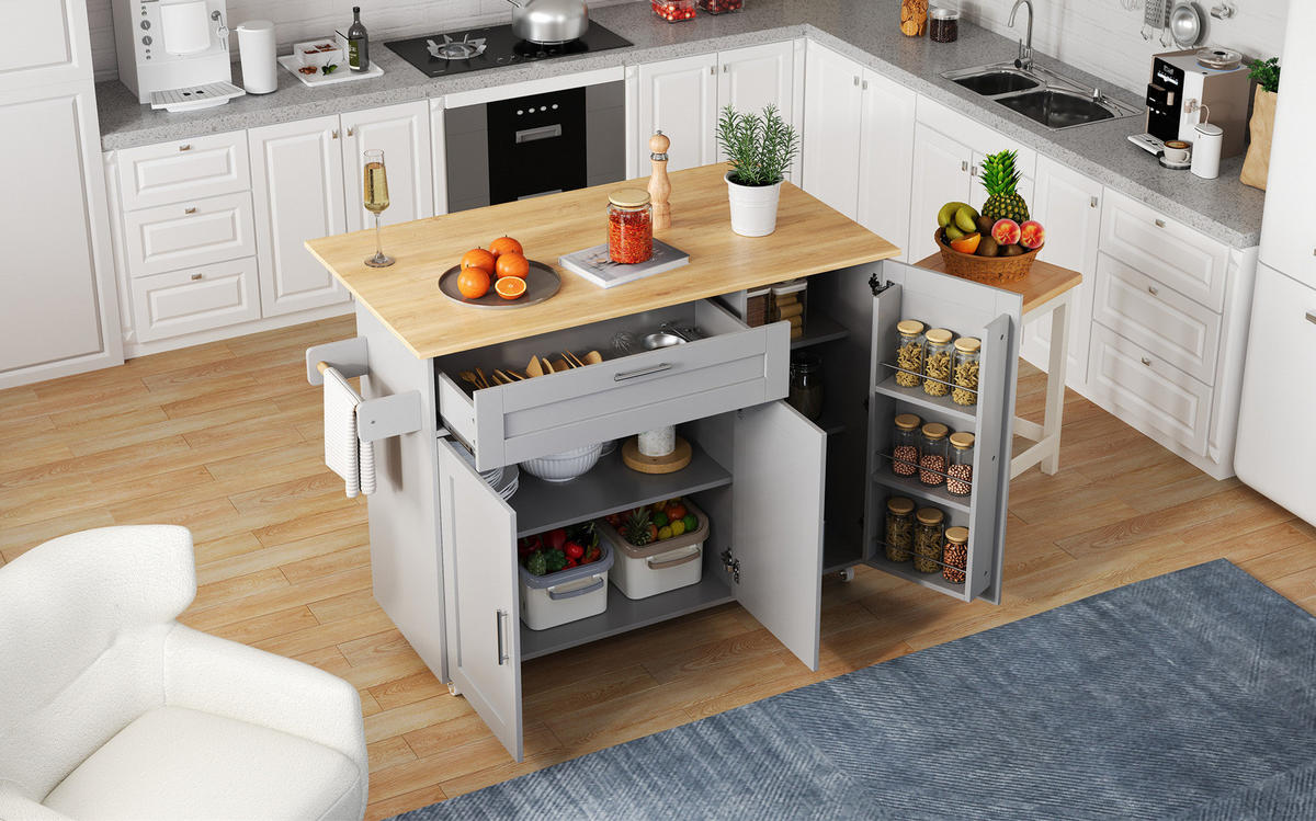 KÜCHENINSEL 132,5/90/44(70) cm Grau aus MDF mit klappbarer Arbeitsplatte - Grau, Holzwerkstoff (44/90/132.5cm) - OKMYHOME