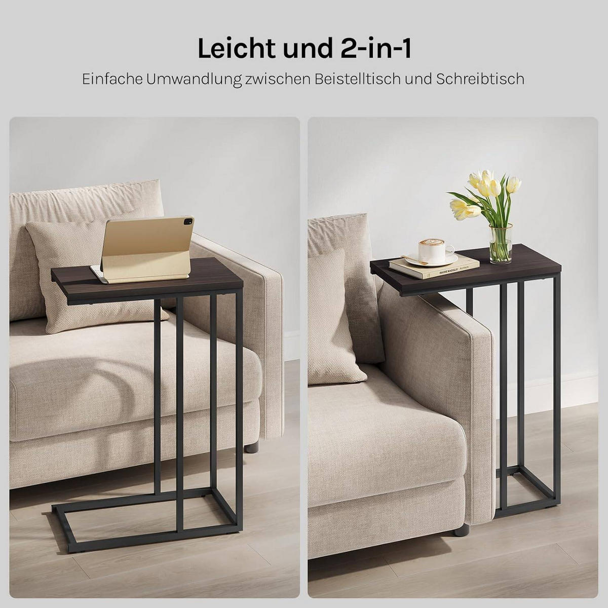 BEISTELLTISCH, Couchtisch C Form, 45 x 63,5 x 25 cm - Dunkelbraun/Schwarz, Holzwerkstoff/Metall (25/45/63.5cm) - Woltu