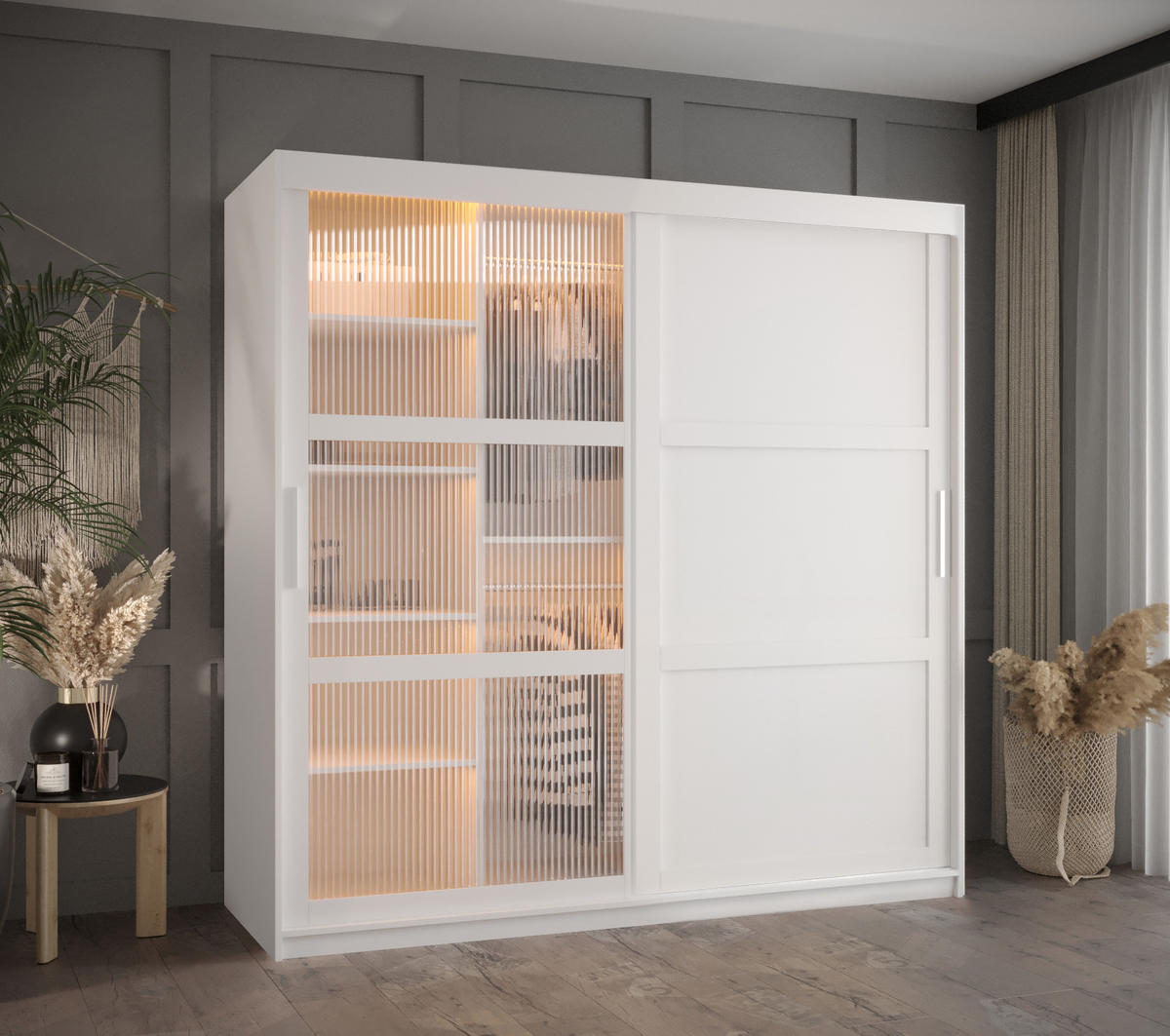 SCHWEBETÜRENSCHRANK 200/180/62 2-türig - Silberfarben/Weiß, Holz/Kunststoff (180/200/62cm) - Abiks Möbel