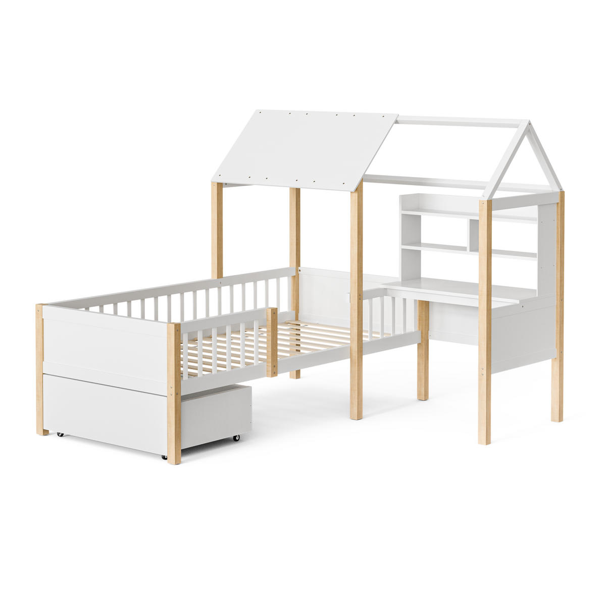 HAUSBETT 90/200 cm weiß mit Rausfallschutz und L-förmigem Schreibtisch - Weiß, Holz (90/200cm) - OKWISH