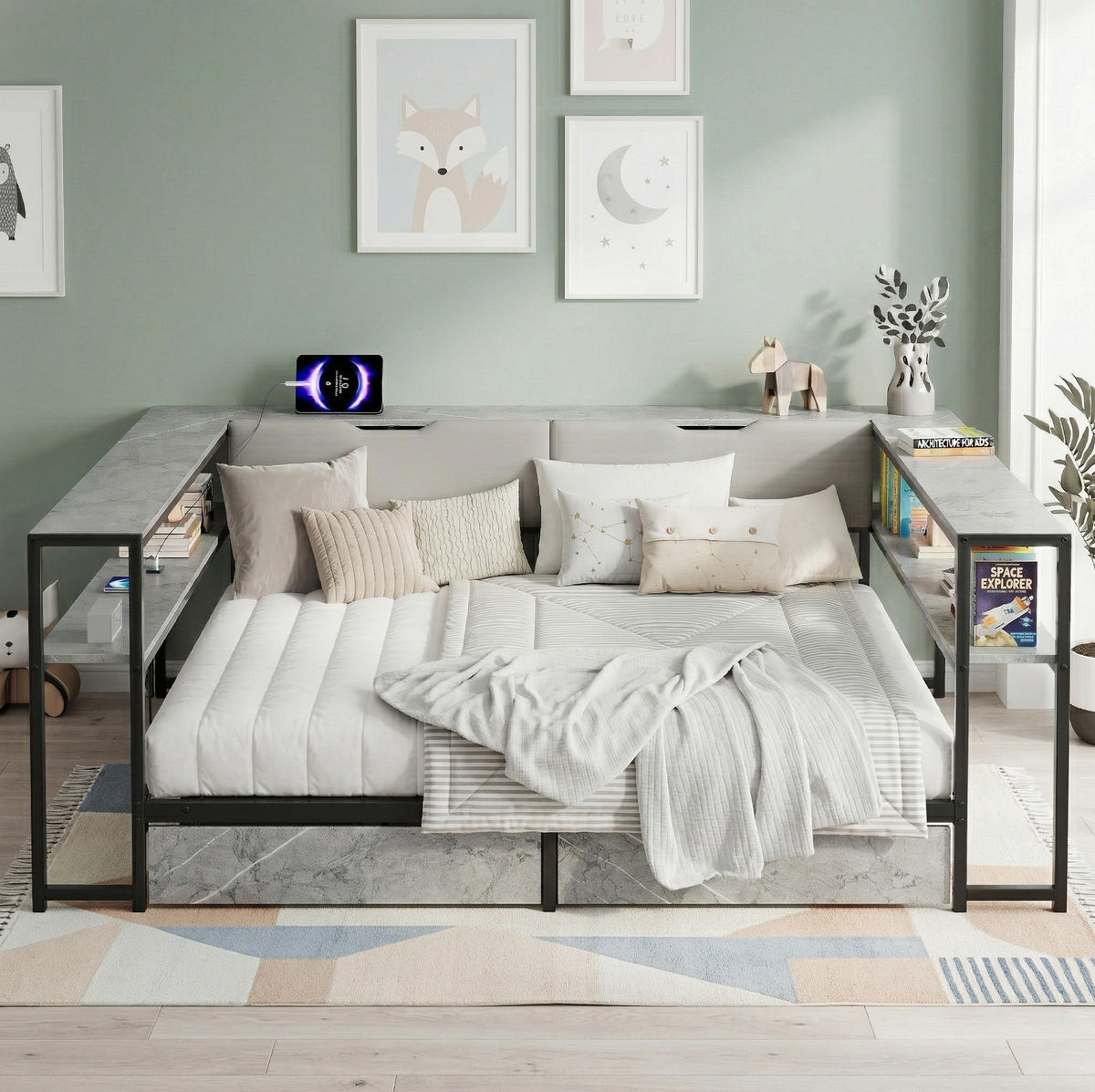 POLSTERBETT 90/200 cm grau aus MDF und Metall mit USB-C und 2 Schubladen - Grau, Holzwerkstoff (90/200cm) - OKWISH